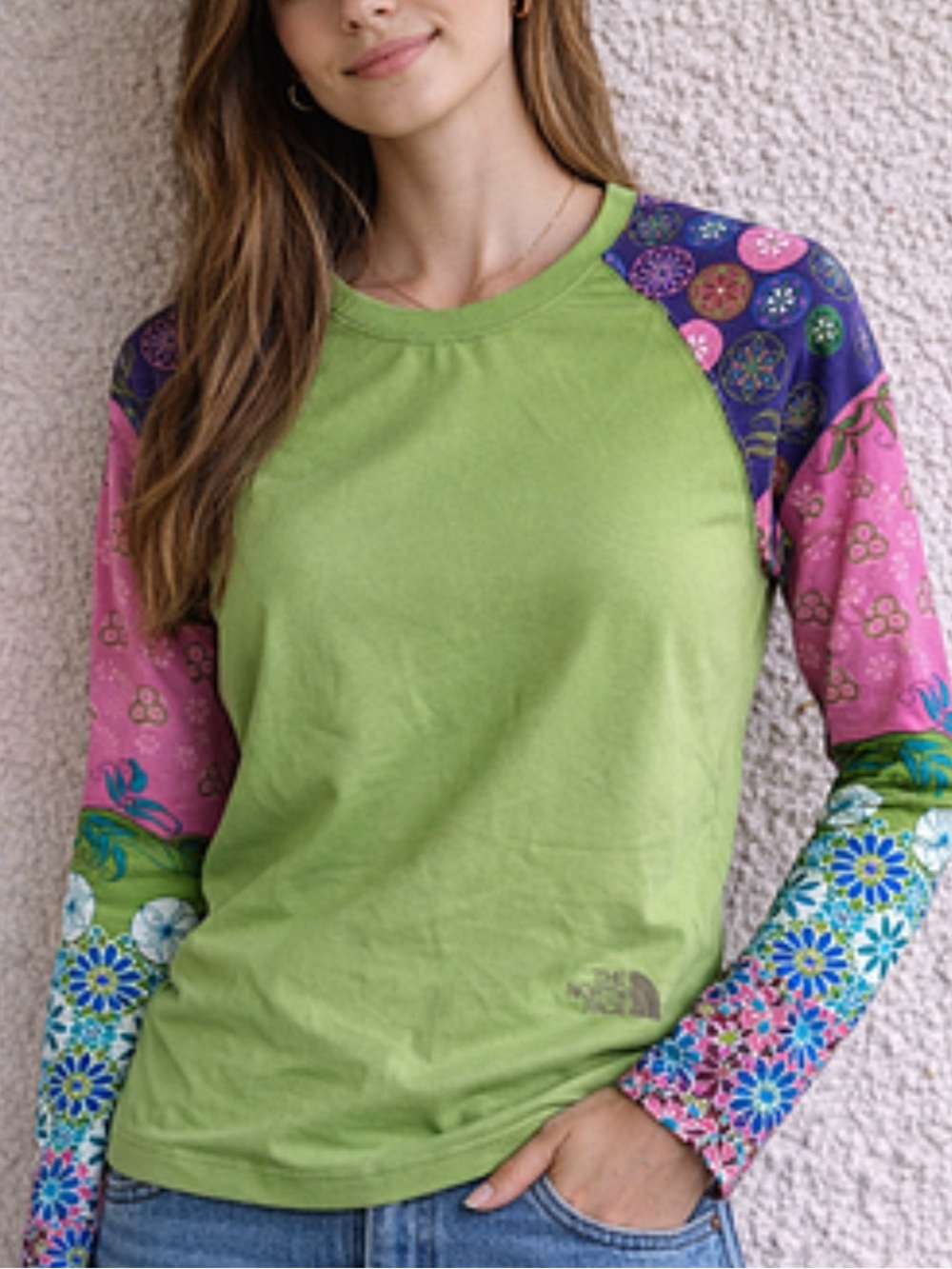 The North Face Women's Green Raglan Long Sleeve Top with Floral Print Sleeves